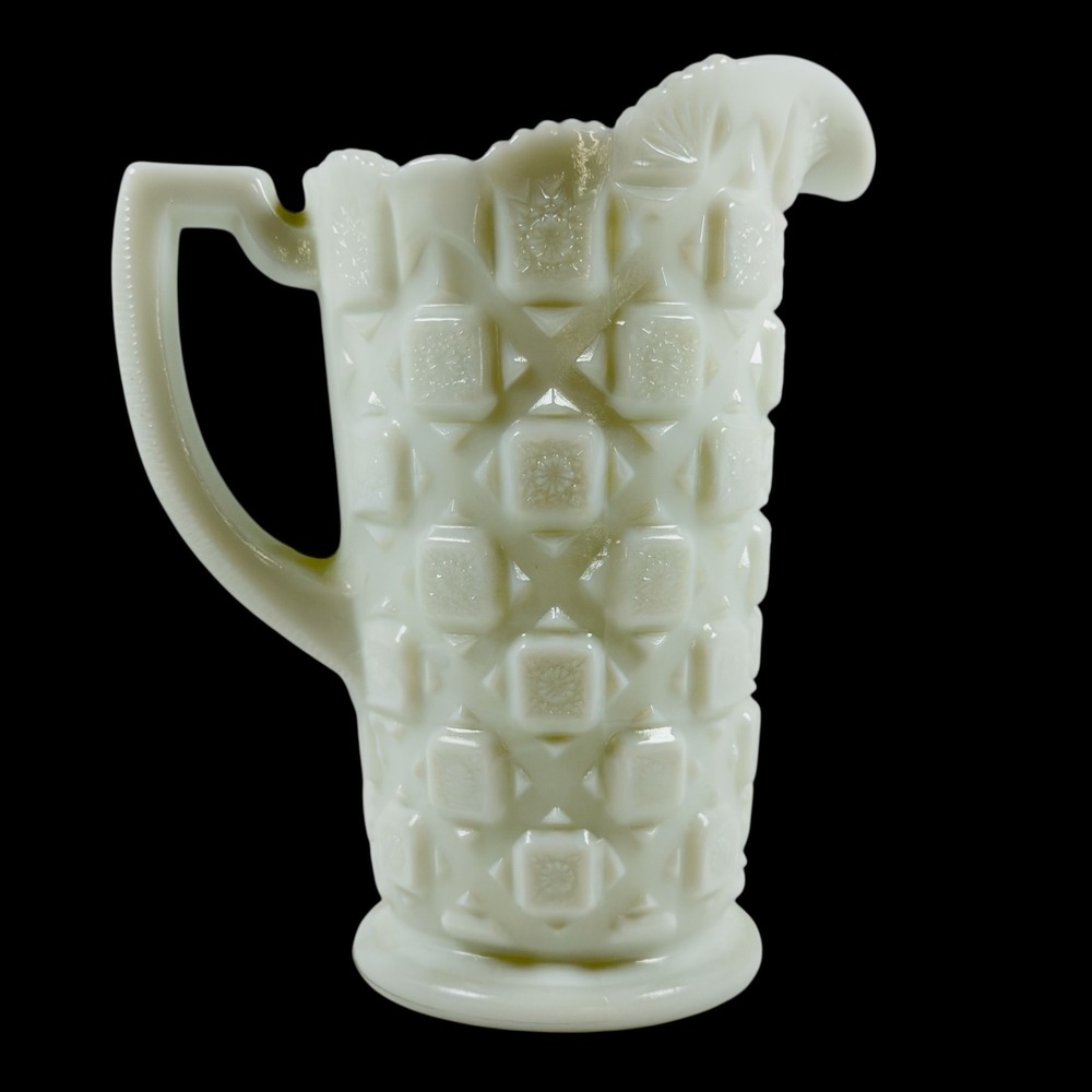 Vintage Westmoreland Old Quilt Pattrn Embossed Scalloped Milk Glass Pitcher Vase